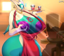 absurd_res ambiguous_gender anthro apron apron_only ass balls bedroom_eyes beverage big_breasts big_bulge blue_eyes bodily_fluids breast_grab breasts bulge cafe clothed clothing coffee cum cum_in_mouth cum_inside dessert detailed_bulge digital_media_(artwork) drinking drinking_cum duo ear_piercing erect_nipples eyeshadow food gem generation_3_pokemon genital_fluids genital_outline genitals gynomorph gynomorph_focus hand_on_breast heart_symbol hi_res holding_food holding_object huge_breasts huge_bulge hyper hyper_genitalia intersex intersex_focus jewelry latios legendary_pokemon lipstick makeup male mammal mature_gynomorph mature_intersex milk nails narrowed_eyes necklace nintendo nipples nude open_mouth pearl_(gem) pearl_necklace penis_outline piercing pokemon pokemon_(species) rule_63 seductive simple_background size_difference smile solo_focus standing tattoo thick_thighs white_body wings zadrex