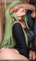 ai_generated animal_collar ass blush bottomless breasts chains clothes_writing collar collarbone covered_nipples cuckingmama cum erection eyebrows_visible_through_hair female green_eyes green_hair heart imminent_fellatio large_penis leash licking_penis long_hair looking_at_penis medium_breasts nude open_mouth penis penis_awe penis_on_face precum red_collar saliva shirt solo_focus straight tagme testicles tongue tongue_out twitching_penis veins veiny_penis