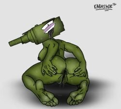 anus_focus female foot_fetish green_skin humanoid language military_vehicle pussy_juice smile sweatdrop tank