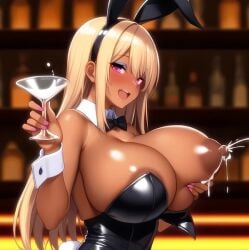 ai_generated areolae blonde_hair breast_grab breasts breasts_out bunny_ears bunny_girl bunnysuit dark-skinned_female dark_areola dark_nipples dark_skin exposed_breasts gigantic_breasts huge_areolae huge_breasts huge_nipples lactating lactation long_hair looking_at_viewer massive_breasts nipples original original_character pink_eyes puffy_nipples rabbit_ears smiling solo_female squatting sweat sweatdrop thick_body thick_female voluptuous voluptuous_female zenky-kun
