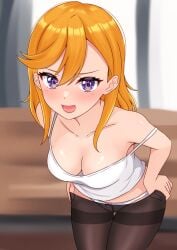 armpits bare_arms bare_shoulders blush bow_panties breasts cleavage collarbone indoors love_live! love_live!_superstar!! medium_breasts medium_hair no_bra open_mouth orange_hair panties panties_under_pantyhose pantyhose pantyhose_pull purple_eyes shibuya_kanon shiny_skin sikamiya smile strap_slip thighband_pantyhose thighs undressing white_panties white_shirt