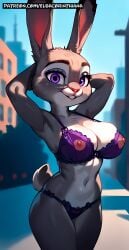 1girls admiring ai_generated areola big_breasts bra breasts cartoon city disney elsacorinthiana female femle_only furry furry_breasts furry_ears furry_female furry_only furry_tail hands_in_head hands_on_head horny horny_face horny_female huge_breasts judy_hopps lingerie panties patreon patreon_link patreon_url patreon_username photorealistic pixar posing posing_for_picture posing_for_the_viewer puple_lingerie purple_bra purple_eyes purple_panties rabbit rabbit_ears rabbit_girl rabbit_tail seductive seductive_look seductive_pose seductive_smile semi-naked semi-nude semi-nudity semi_naked semi_nude sfw showing_tits standing thong_lingerie zootopia zootropolis
