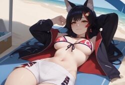 ai_generated beach bikini_top black_hair breasts curvy female hexd hololive hololive_gamers hololive_japan large_breasts laying_on_back midriff multicolored_hair ocean ookami_mio orange_eyes red_hair seductive_look shorts thick_thighs thighs underboob virtual_youtuber wolf_ears wolf_girl
