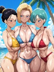 3girls ai_generated android_18 areola_peek areola_slip beach bikini bulma_briefs chichi dragon_ball dragon_ball_z wet_body