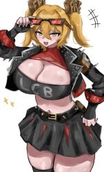1girls black_thighhighs blonde_hair blush burnice_white_(cosplay) cleavage cleavage_cutout cosplay don_quixote_(limbus_company) eyebrows_visible_through_hair eyewear female female_only fingerless_gloves gloves hair_between_eyes hair_ornament hand_on_hip huge_breasts jacket light-skinned_female light_skin limbus_company looking_at_viewer midriff miniskirt navel open_mouth project_moon skirt smile solo sunglasses thick_thighs thighhighs tied_hair tinted_eyewear twintails www1_(artist) yellow_eyes zenless_zone_zero