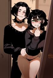 1boy 1girls ai_generated anal_sex andrew_graves ashley_graves black_collar black_panties blush brother_and_sister collar door genderswap genderswap_(ftm) genderswap_(mtf) green_eyes hands_on_waist incest looking_at_viewer low_ponytail middle_finger panties pink_eyes pov siblings sidelocks smile teeth the_coffin_of_andy_and_leyley