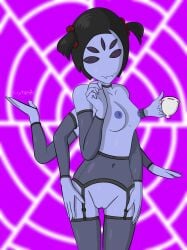 1girls 5_eyes anthro arachnid barely_visible_genitalia barely_visible_pussy black_sclera breasts choker crytonic female garter_belt monster_girl muffet sleeves solo solo_female spider_girl spider_web teacup thighs undertale undertale_(series)