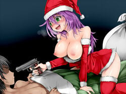 1boy black_hair blush breasts cowgirl_position crazy_eyes female green_eyes gun gun_to_head hat kappamaru long_hair lying nipples on_back open_mouth original purple_hair red_legwear saliva santa_costume santa_hat scary_sex short_hair straddling thighhighs weapon yandere