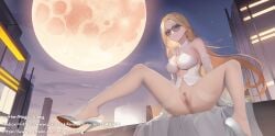 bare_shoulders blonde_hair breasts bridal_gauntlets cityscape dress female high_heels highres large_breasts long_hair long_legs looking_at_viewer magic_xiang moon night night_sky no_panties original pantyhose pubic_hair pussy shoe_dangle sky smile solo sunglasses thighband_pantyhose thighs wedding_dress white_negligee white_pantyhose