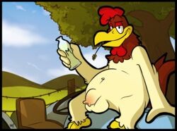 1boy 2015 anthro avian balls barefoot bird border chicken flaccid foghorn_leghorn front_view kaisertaylorproducts landscape looking_at_viewer looney_tunes male male_only milk_bottle nude outside penis signature sitting soft_feathers solo tractor uncut warner_bros warner_brothers