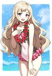 1girls bare_thighs beach belly_button cute elise_(fire_emblem) elise_(summer)_(fire_emblem) female fire_emblem fire_emblem_fates hair_down lei nintendo princess purple_eyes rotomdocs sfw small_breasts smile smiling smiling_at_viewer solo swimsuit thighs
