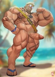 (series) (worthy 1boy abs arm at background bandana bara bare beard biceps big_butt big_muscles big_penis black bulge chest collarbone facial flaccid focus hair leg looking male muscles navel only pectorals peek penis pubic side sunglasses swim swimwear tattoo the thor thor_(marvel) thor_(marvel_rivals) to topless trunks viewer waves) white yaoi yellow