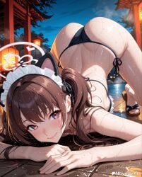 ai_generated all_fours animal_ears ass bangs bare_shoulders bikini black_bikini blue_archive blush breasts brown_hair cat_ears closed_mouth female halo lantern long_hair looking_at_viewer maid_headdress night novelleai outdoors purple_eyes sandals shizuko_(blue_archive) side-tie_bikini_bottom sky smile solo string_bikini swimsuit thighs top-down_bottom-up twintails wet