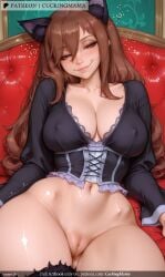 ai_generated animal_ears areolae bangs blush bottomless breasts brown_eyes brown_hair cat_ears cleavage collarbone covered_nipples cuckingmama cushion eyelashes female frills hair_between_eyes half-closed_eyes indoors large_breasts lips long_hair long_sleeves looking_at_viewer mascara navel nipples pussy see-through sitting smile solo tagme tail thighhighs thighs