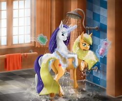 2015 anus applejack_(mlp) duo earth_pony equine female friendship_is_magic horn horse looking_at_viewer magic mammal my_little_pony pony pussy rarity_(mlp) shower smooth_skin soap szafir87 unicorn water