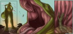 2012 4_toes ambiguous_gender ambiguous_prey anthro anthro_pred apoptosis areola asian_water_monitor biped breasts claws cloud death detailed_background digestion digital_drawing_(artwork) digital_media_(artwork) equid equine feet female female_pred feral feral_prey gore green_body green_skin group hands_on_hips horse human human_prey inside_stomach internal larger_anthro larger_female larger_pred lizard long_tail long_tongue looming macro mammal melee_weapon monitor_lizard mouth_shot nipples non-mammal_breasts non-mammal_nipples nude open_mouth oral_vore paws plant plantigrade polearm quadruped red_eyes reptile scalie sekvra size_difference sky smaller_ambiguous smaller_anthro smaller_feral solo_focus spear standing story story_in_description sunset tail teeth thick_tail toe_claws toes tongue tree vore weapon