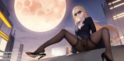 black_pantyhose blazer blonde_hair breasts cityscape cleavage female high_heels highres jacket large_breasts long_hair long_legs looking_at_viewer magic_xiang moon night night_sky no_panties original pantyhose pubic_hair pussy shoe_dangle sitting sky smile solo spread_legs sunglasses thighband_pantyhose thighs