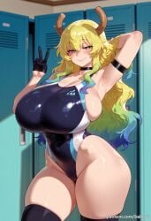 ai_generated arm_up armpits balecxi black_gloves black_thighhighs blonde_hair blush choker closed_mouth covered_navel curvy dragon_girl dragon_horns female gradient_hair green_eyes green_hair highleg highleg_swimsuit huge_breasts kobayashi-san_chi_no_maidragon long_hair looking_at_viewer lucoa lucoa_(maidragon) multicolored_hair one-piece_swimsuit skindentation smile solo swimsuit thick_thighs unusually_open_eyes v wide_hips