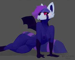 2019 anthro barely_visible_genitalia bat_wings breasts female fur hair mammal membrane_(anatomy) membranous_wings navel nipples pink_eyes procyonid purple_fur pussy raccoon solo togaed wide_hips wings