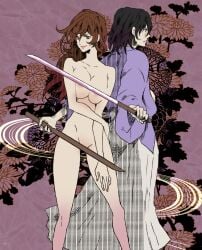 1boy 1girls artistic_error bad_anatomy bad_hands big_breasts black_hair breasts brown_hair censored clothed_male_nude_female cmnf commentary_request convenient_censoring female ishikawa_goemon_xiii katana long_hair lupin_iii male matano_maya mine_fujiko nude reverse_grip short_hair sword weapon