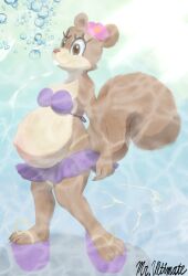bikini cleavage female flip_flops flower_in_hair furry humanoid nickelodeon platform_sandals pregnant pregnant_female sandals sandy_cheeks skirt spongebob_squarepants squirrel swimsuit swimwear underwater