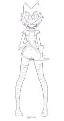 asian asian_female female gloves gorillaz grin haich mask masked_female noodle_(gorillaz) noodle_(plastic_beach) panty_pull pussy stockings uncolored