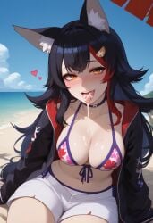after_oral ai_generated beach black_hair blush breasts cum_drip cum_in_mouth cum_on_breasts cum_on_tongue curvy female heart hexd hololive hololive_gamers hololive_japan large_breasts multicolored_hair ocean ookami_mio orange_eyes red_hair tongue_out virtual_youtuber wolf_ears wolf_girl