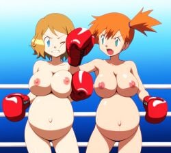 angry blue_eyes boxing creatures_(company) dirty_blonde_hair face_punch ginger_hair green_eyes kasumi_(pokemon) nintendo pokemon pokemon_(anime) pregnant punching serena_(pokemon) tagme