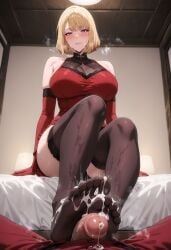 1boy 1boy1girl 1girls absurd_res ai_generated big_breasts blonde_female blonde_hair blonde_hair blowjob blush blush blush_lines breasts cha_hae_in cum cum_on_feet cumdrip cumshot curvy curvy_figure female female foot_fetish foot_focus footjob footwear from_below high_resolution highres lewdcreationsai light-skinned_female light_skin penis pov purple_eyes red_dress sexually_suggestive solo_leveling stable_diffusion steam steaming_body steamy_breath sweat sweatdrop sweating sweaty tagme thick thick_legs thick_thighs thigh_highs thighhighs thighs toes two-footed_footjob