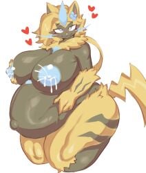 1girls anthro areola aurora_(nbanoob) biped black_body blue_areola blue_body blue_eyes blue_nipples blush bodily_fluids female fingers fur generation_7_pokemon heart_eyes heart_symbol hi_res lactating legendary_pokemon multicolored_body nintendo nipples pokemon pokemon_(species) pregnant smile solo standing tozamtr yellow_body yellow_fur zeraora