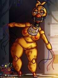 animatronic anthro areola ass avian bib big_breasts bird breasts butt_from_the_front chicken dirty exposed_endoskeleton eyelashes feathers female five_nights_at_freddy's five_nights_at_freddy's_2 front_view galliform gallus_(genus) genitals head_feathers hi_res looking_at_viewer machine navel nipples nude open_mouth orange_areola orange_nipples overweight overweight_female phasianid purple_eyes pussy robot scottgames solo thick_thighs timmy-22222001 wide_hips wire withered_chica_(fnaf) yellow_body yellow_feathers