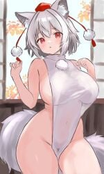 :o animal_ear_fluff animal_ears breasts check_clothing clothing_request commentary_request cowboy_shot crossed_bangs double-parted_bangs female hair_between_eyes hands_up hat highres indoors inubashiri_momiji large_breasts leaf leotard light_blush maple_leaf navel open_mouth open_window pom_pom_(clothes) pubic_hair raised_inner_eyebrows red_eyes red_hat see-through_clothes see-through_shirt setokashira88 shirt short_hair sideboob sideless_shirt sky solo tail thighs tokin_hat touhou tree white_hair white_shirt white_sky window wolf_ears wolf_girl wolf_tail