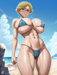 abs ai_generated areola_slip beach bikini blonde_hair glasses gundam gundam_00 looking_at_viewer louise's_mother milf string_bikini wet_body