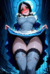 absurd_res ai_generated alice_liddell alice_madness_returns apron black_hair blush crazy_eyes crazy_smile dress eyeshadow from_below full-face_blush green_eyes heavy_breathing large_breasts legs_together lifting_skirt long_hair looking_at_viewer makeup panties panting parted_bangs puffy_sleeves skirt_lift standing the_pleasure_glade thick_thighs thigh_gap thighhighs