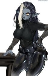 bulge bulge_through_clothing cameltail dark_elf drow erection fully_clothed futanari intersex solo streachybear