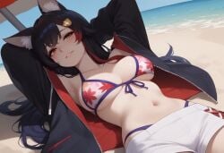 ai_generated beach bikini_top black_hair breasts curvy female hexd hololive hololive_gamers hololive_japan large_breasts laying_on_back midriff multicolored_hair ocean ookami_mio orange_eyes red_hair seductive_look shorts thick_thighs thighs underboob virtual_youtuber wolf_ears wolf_girl
