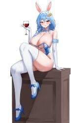 1girls areola_slip areolae armwear big_breasts blue_bunnysuit blue_hair blush braid braided_hair breasts bunny_ears bunnysuit carrot_hair_ornament cleavage elbow_gloves erorange female_only footwear glass gloves hair hair_ornament heels high_heels holding_drink holding_object hololive huge_breasts legwear mature mature_female mature_woman milf mother neckwear orange_eyes pekomama solo solo_female thighhighs thighs white_gloves white_thighhighs wine_glass