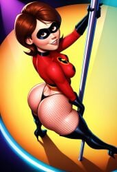 above_view ai_generated ass cartoony elastigirl fishnets helen_parr huge_ass milf mother smile stripper_pole the_incredibles troythekid