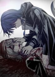 1other absurdres bandana blood blood_on_clothes blood_on_face blood_on_ground blood_on_hands blue_eyes blue_hair blue_nails closed_eyes closed_mouth female guro hand_on_another's_face hand_on_another's_head hand_on_another's_neck highres jacket jewelry jinba_(jinbarta2) necklace original short_hair simple_background sitting sitting_on_person sweater white_background white_hair white_sweater