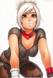 2025 ai_generated artist_name breasts cleavage crazyfishbones female fishnets gloves large_breasts looking_at_viewer riven_(league_of_legends) short_hair solo white_hair
