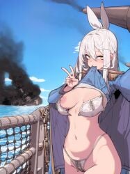 blue_sky blush breasts clothes_in_mouth clothes_lift cloud cowboy_shot day female groin hair_between_eyes happening18 highres jacket large_breasts lifting_own_clothes lingerie long_hair long_sleeves navel nipples open_clothes original outdoors panties pussy rail_a shirt_lift sidelocks sky smile solo standing stomach thighs underwear v white_hair yellow_eyes