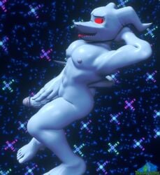 2025 3d albalbalb alien alien_humanoid ass digital_media_(artwork) earthbound_(series) genitals giygas glowing_red_eyes hand_behind_head hand_on_penis hi_res humanoid looking_at_viewer male muscular muscular_male narrowed_eyes nintendo nipples pale_skin pattern_background pecs penis red_eyes simple_background smile smiling_at_viewer star-shaped_background tail teeth_showing tongue tongue_out watermark white_body white_skin
