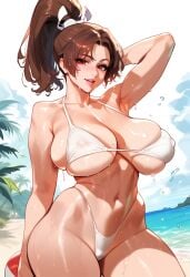 1girls 2d ai_generated beach big_breasts bikini breasts brown_hair fatal_fury female female_focus female_only highleg king_of_fighters mai_shiranui outdoors ponytail solo solo_female solo_focus tagme wet_body white_bikini