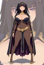 ai_generated bangles bangs black fire_emblem fire_emblem_awakening full_body_pantyhose gaze hair hair_ornament hi_res huge_breasts legs_apart purple_eyes stare tharja_(fire_emblem) thick twintails two_side_up