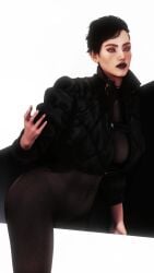 3d 3dcg aurore_cassel big_breasts breasts cd_projekt_red cyberpunk_2077 cyberpunk_2077:_phantom_liberty female female_only fishnet fishnet_clothing fishnets game_cg light-skinned_female piesel_(artist) pixie_cut red_hair short_hair solo yellow_eyes
