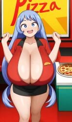 ai_generated blue_eyes busty cleavage hadou_nejire huge_breasts long_hair my_hero_academia nejire_hado pizza purple_hair thick_thighs