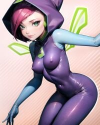 1girls 2020s 2023 4:5 5_fingers ai_generated bodysuit breasts charmix clothing eyebrows eyelashes fairy fairy_only fairy_wings female female_focus female_only green_eyes green_wings hood hood_up humanoid humanoid_only looking_at_viewer maplechad navel_line nipple_bulge open_eyes page_1 pink_background png purple_bodysuit purple_clothing purple_hair purple_rubber rubber rubber_clothing rubber_suit solo striped_background tecna tecna_(winx_club) tight_clothing wings winx_club wrinkles_in_clothes