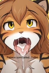 ai_generated amber_eyes cum flora_(twokinds) furry salted_coffee tiger twokinds