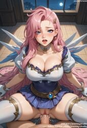 1boy ai_generated bangs blue_eyes blue_skirt blush breasts choker cleavage clothed_sex clothing covered_navel cowgirl_position cowgirl_position cum cum_in_pussy dress earrings feathers female female genital_fluids gloves hair_ornament indoors jewelry jousneystudio large_breasts league_of_legends league_of_legends:_wild_rift legwear lips long_hair looking_at_viewer male mole mole_on_breast moon nakadashi night nipples on_top open_mouth penis pink_hair puffy_short_sleeves puffy_sleeves pussy riot_games semen seraphine_(league_of_legends) sex short_sleeves sitting skirt sky smile solo_focus spread_legs star_hair_ornament straddling straight sweat tattoo thighhighs thighs vagina vaginal_penetration very_long_hair white_gloves white_legwear white_thighhighs window wings
