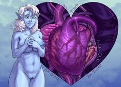 blue_background breasts duo elf extreme_size_difference female female/female female_pred female_prey fully_inside genitals green_eyes hair heart_(organ) heart_symbol human human_prey humanoid humanoid_pointy_ears humanoid_pred internal macro mammal micro nipples not_furry nude nude_female nude_humanoid organs pointy_ears pussy simple_background size_difference voraciousollie vore white_hair willing_pred willing_prey